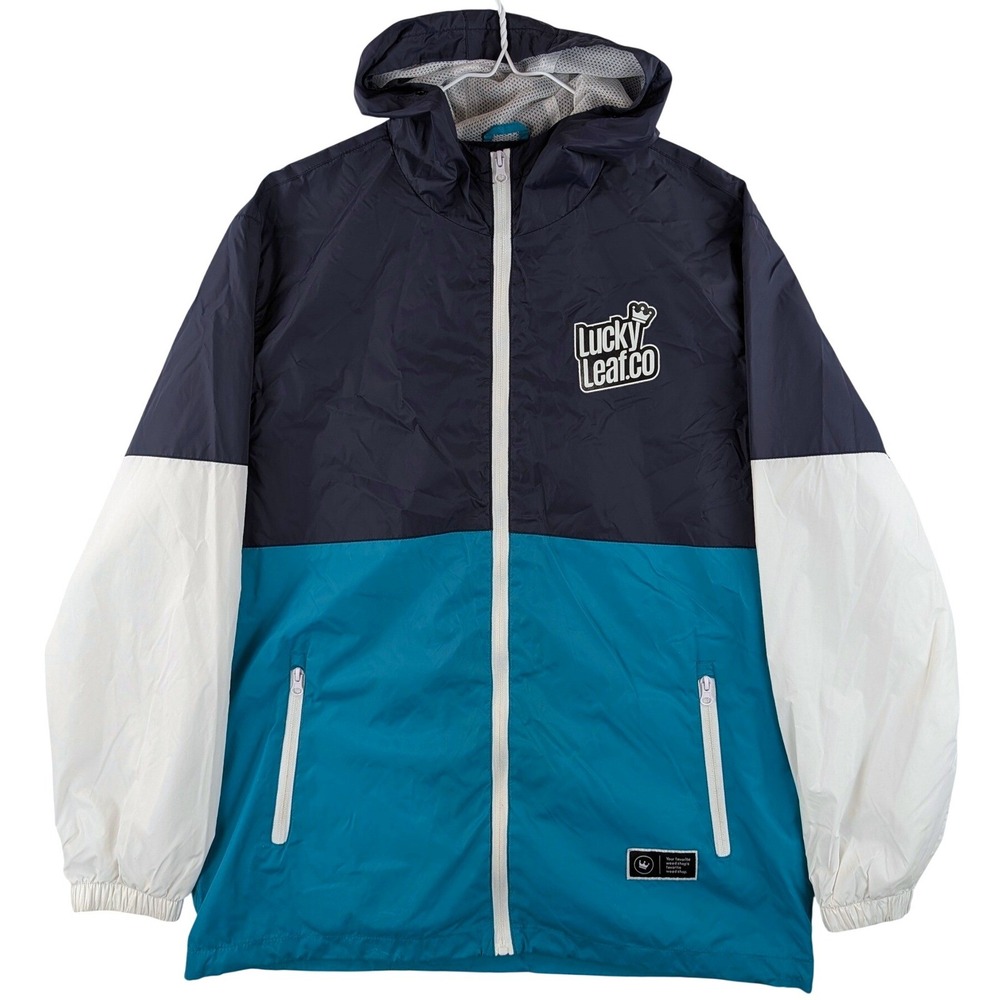 Lucky Leaf Co Cannabis Windbreaker Jacket Mens XL Navy Teal White Hooded